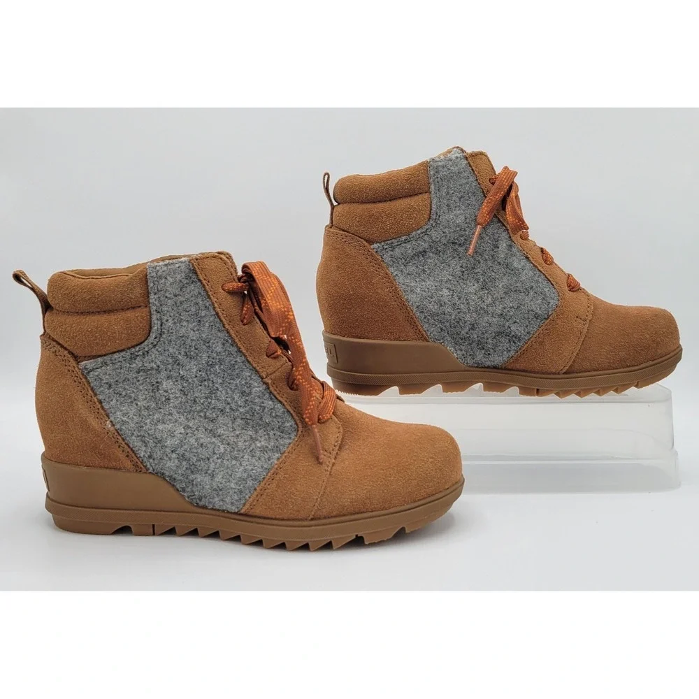 Sorel Wedge Boots Evie Ankle Lace Suede Felt Waterproof Brown/Gray Womens 6.5